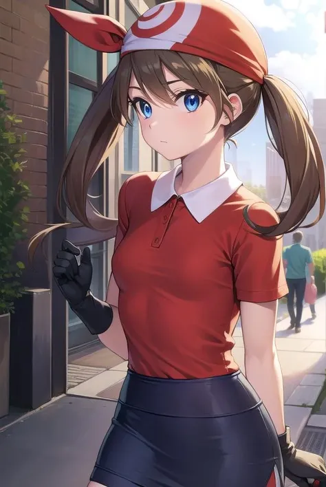 pokemonmay, <lora:pokemonmay-lora-nochekaiser:1>,
pokemonmay, blue eyes, brown hair, bandana, long hair, red bandana, twintails, hair between eyes, (small breasts:1.2),
BREAK bike shorts, collared shirt, gloves, microskirt, multicolored shirt, pencil skirt, red shirt, shirt, short sleeves, skirt, white skirt,
BREAK looking at viewer, upper body, full body,
BREAK outdoors, city, sky, sun,
BREAK <lyco:GoodHands-beta2:1>, (masterpiece:1.2), best quality, high resolution, unity 8k wallpaper, (illustration:0.8), (beautiful detailed eyes:1.6), extremely detailed face, perfect lighting, extremely detailed CG, (perfect hands, perfect anatomy),