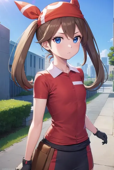 pokemonmay, <lora:pokemonmay-lora-nochekaiser:1>,
pokemonmay, blue eyes, brown hair, bandana, long hair, red bandana, twintails, hair between eyes, (small breasts:1.2),
BREAK bike shorts, collared shirt, gloves, microskirt, multicolored shirt, pencil skirt, red shirt, shirt, short sleeves, skirt, white skirt,
BREAK looking at viewer, upper body, full body,
BREAK outdoors, city, sky, sun,
BREAK <lyco:GoodHands-beta2:1>, (masterpiece:1.2), best quality, high resolution, unity 8k wallpaper, (illustration:0.8), (beautiful detailed eyes:1.6), extremely detailed face, perfect lighting, extremely detailed CG, (perfect hands, perfect anatomy),