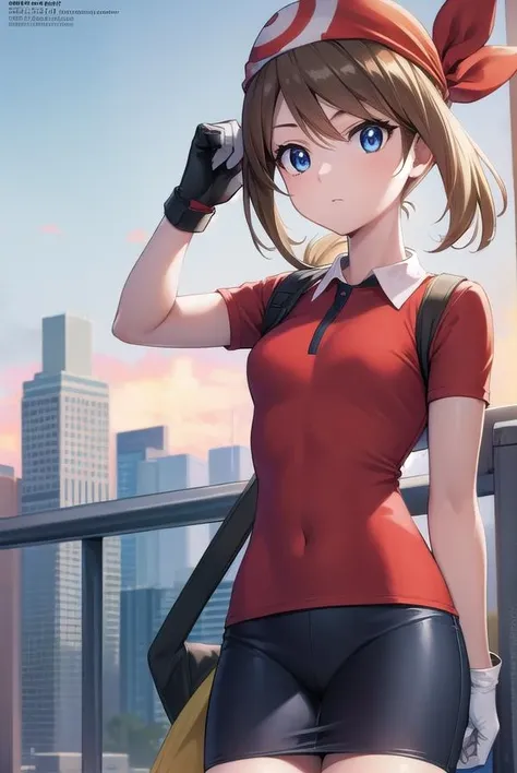 pokemonmay, <lora:pokemonmay-lora-nochekaiser:1>,
pokemonmay, blue eyes, brown hair, bandana, long hair, red bandana, twintails, hair between eyes, (small breasts:1.2),
BREAK bike shorts, collared shirt, gloves, microskirt, multicolored shirt, pencil skirt, red shirt, shirt, short sleeves, skirt, white skirt,
BREAK looking at viewer, upper body, full body,
BREAK outdoors, city, sky, sun,
BREAK <lyco:GoodHands-beta2:1>, (masterpiece:1.2), best quality, high resolution, unity 8k wallpaper, (illustration:0.8), (beautiful detailed eyes:1.6), extremely detailed face, perfect lighting, extremely detailed CG, (perfect hands, perfect anatomy),