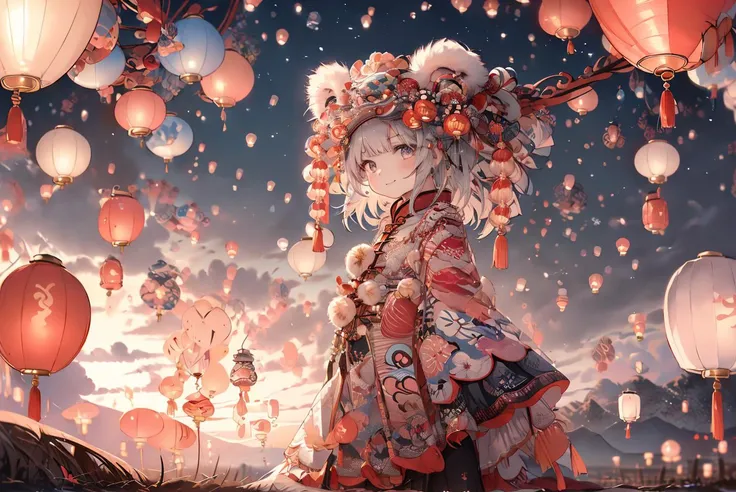 1girl, solo, cute, smile, dancing, from side, XUER LION HEAD, SKY LANTERN, river, Chinese bridge, Chinese architectures, night sky <lora:Kongming sky lantern:0.8> <lora:xuer lion head:0.8>