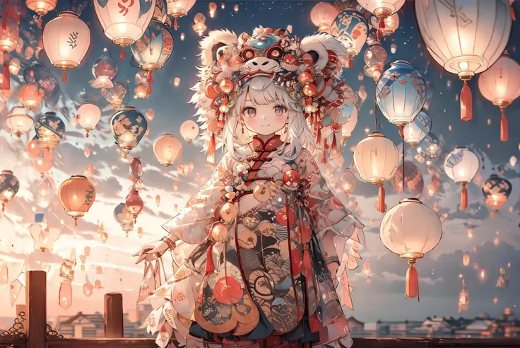 1girl, solo, cute, smile, dancing, XUER LION HEAD, SKY LANTERN, river, Chinese bridge, Chinese architectures, night sky <lora:Kongming sky lantern:0.8> <lora:xuer lion head:0.8>