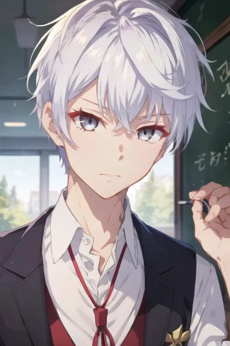 masterpiece, best quality, wallpaper, 1boy, solo, male focus, looking at viewer, upper body, depth of field, <lora:lugh_tuatha_de:0.74>, lugh_tuatha_de, white hair, grey eyes, school uniform,