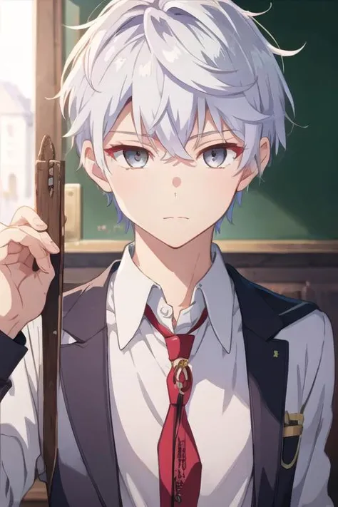 masterpiece, best quality, illustration, 1boy, solo, male focus, looking at viewer, , depth of field, <lora:lugh_tuatha_de:0.66>, lugh_tuatha_de, white hair, grey eyes, school uniform,