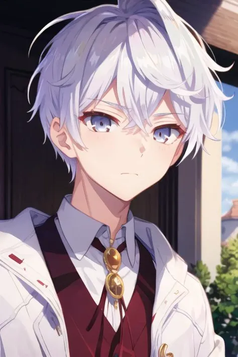 masterpiece, best quality, illustration, 1boy, solo, male focus, looking at viewer, , , <lora:lugh_tuatha_de:0.72>, lugh_tuatha_de, white hair, grey eyes, pajamas,