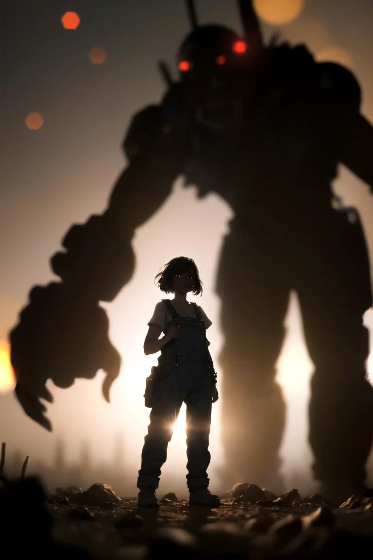 (best quality, ultra detailed), scifi, future, cyberpunk, silhouette, 1girl, solo, (size difference:1.2), monster, <lora:gardian_or_stand:0.8>, overalls, steel, jaw, fogy, light particles, cinematic lighting, background (bokeh, shallow depth of field:1.2),