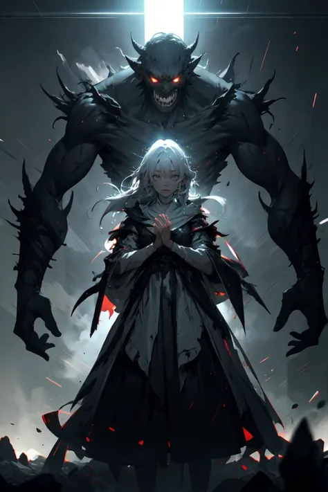 (best quality, ultra detailed), 1girl, solo, (sister, nun, sweet, ecstasy:0.5), (size difference:1.1), monster, <lora:gardian_or_stand:0.9>, dynamic pose, fogy, light particles, cinematic lighting, depth of field