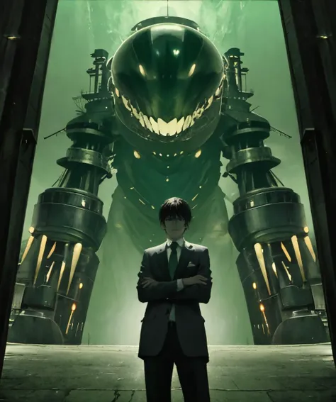 green theme, 1boy, black hair, formal, crossed arms, solo, size difference, 1other, abyssal ship, turret, <lora:gardian_or_stand-08:0.8>