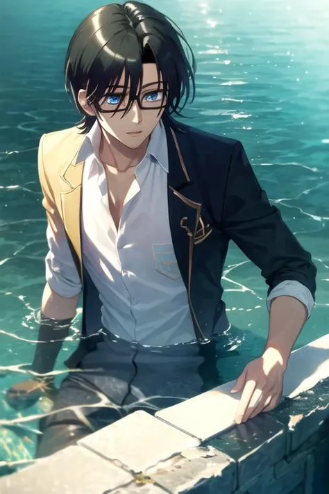 photorealistic, (4k), depth of field, (Masterpiece), (realistic skin texture), extremely detailed, intricate, hyper detailed, high resolution, professional photography, , depth of field, sharp detail, best quality, , 1boy, solo, male focus, <lora:kanade_okada:1>, kanade_okada, black hair, blue eyes, , jester costume, Atlantis: A lost city of great wisdom and power, now drowned beneath the sea, 2k resolution