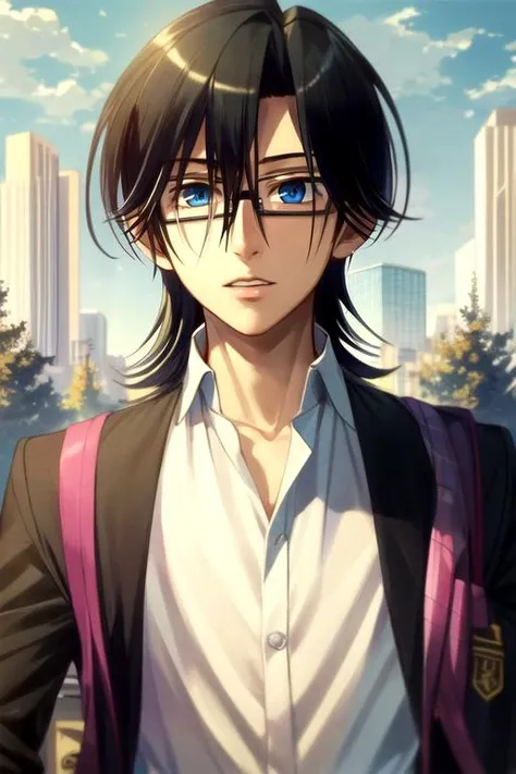 (best quality:1.1), (masterpiece:1.4), illustration, looking at viewer, upper body, , ligne claire, , 1boy, solo, male focus, <lora:kanade_okada:0.96>, kanade_okada, black hair, blue eyes, glasses, , The Valley of the Lost,
