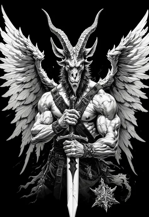 (score_9, score_8_up), score_7_up, zPDXL, solo, simple background, 1boy, holding, monochrome, upper body, weapon, greyscale, male focus, wings, horns, sword, signature, holding weapon, muscular, holding sword, black background, monster <lora:GRIM_v1:0.95>