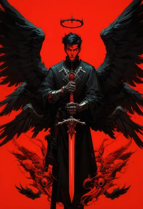 (score_9, score_8_up), score_7_up, zPDXL, looking at viewer, short hair, black hair, red eyes, 1boy, holding, weapon, male focus, wings, sword, holding weapon, halo, holding sword, feathered wings, red background, 1other, black wings, angel, limited palette, red theme, extra eyes, multiple wings, spread wingshelm <lora:GRIM_v1:0.95>