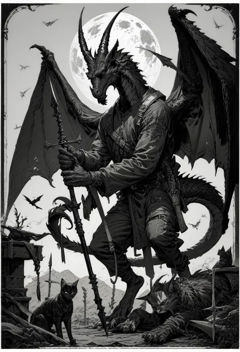 (score_9, score_8_up), score_7_up, zPDXL, holding, tail, monochrome, weapon, wings, horns, sword, holding weapon, animal, border, moon, cat, polearm, 1other, spear, dragon<lora:GRIM_v1:0.9>