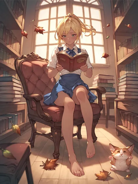 score_9,score_8_up,score_7_up,score_6_up,source_anime,solo,1girl,close-up,indian_style,dark skin,blonde hair,green eyes,ponytail,short hair,spread toes,blush,dress_shirt,small_breasts,blue skirt,looking down,open book in lap,beautiful_detailed_eyes,on_floor,on chair,library,window,wind,leaf,autumn leaves,<lora:Granblue_Fantasy_Style_XLv4:1>,