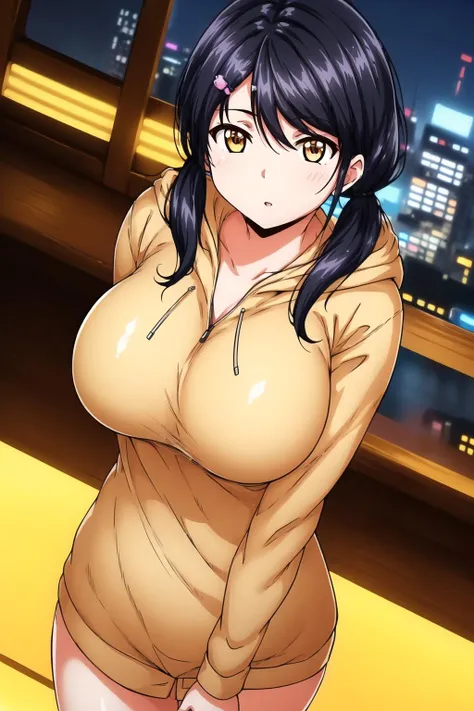 (Night:1.7), Japan, cyberpunk, CityView, Before Window,wooden floor, 
Standing at attention,
yellow hooded sweater,long sleeves, 
<lora:more_details:0.3>,<lora:Akane_Misaki_1LDK-KK77-V1:0.7>,
 bangs, black hair, brown eyes,hair ornament, hairclip, long hair,low twintails,
1 girl, 20yo,Young female,Beautiful Finger,Beautiful long legs,Beautiful body,Beautiful Nose,Beautiful character design, perfect eyes, perfect face,expressive eyes,
looking at viewer, in the center of the image,(Upper_body),(Focus on her face),
official art,extremely detailed CG unity 8k wallpaper, perfect lighting,Colorful, Bright_Front_face_Lighting,shiny skin, 
(masterpiece:1.0),(best_quality:1.0), ultra high res,4K,ultra-detailed,
photography, 8K, HDR, highres, absurdres:1.2, Kodak portra 400, film grain, blurry background, bokeh:1.2, lens flare, (vibrant_color:1.2)
(Beautiful,large_Breasts:1.4), (beautiful_face:1.5),(narrow_waist),