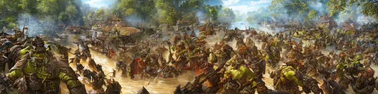 Masterwork Painting, Magnum Opus, 
1boy, 1girl, crowd of  <lora:OrcWarrior:0.8> orcw, group of several men and women orcw, wearing crude armor, holding crude weapons, wearing bone jewelry, hulking figures, 
<lora:SavageVillage:0.25> savi, inside populated village, coated houses, water well, a river with bridge, palisades , ,
  highres, 8k, uhd, High Dynamic Range, tonemapping, crisp details,  intricate details, fine details