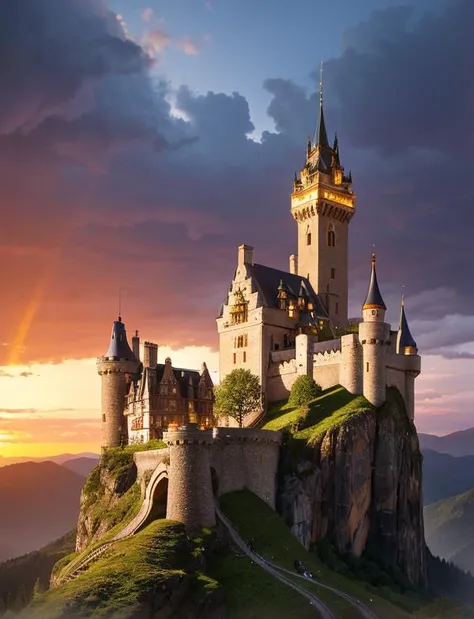 A realistic forbidden {scottish|english|french|scandinavian|romanian|german|swiss|wizards|fairytale} castle high up in the mountains with a single road curving to the front gate,pixel art,(intricate details:1.2),hdr,(intricate details, hyperdetailed:1.2),(hyperrealism, soft light, sharp:1.2),(photorealistic:1.5),((oil painting)),realistic materials,realistic textures,3d rendering,unreal engine,blender,artstation,game art,key visual,surreal,volumetric lighting,good architecture,good composition,{sunrise|sunset|noon|before a storm|after a storm|thunderstorm|night},cinematic,perfect lighting,beautiful sky,8K,wallpaper,
