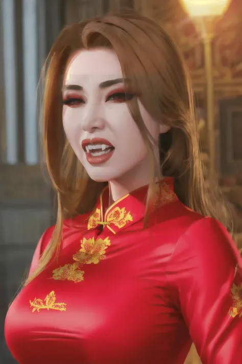 photorealistic art, k1@nn@d10r, vampire, fangs, pale skin, (yellow eyes:0.6), high-collared red cheongsam dress, highly detailed, night, shadows, volumetric lighting, sultry, hungry, evil <lora:k1@nn@d10r:0.9> <lora:VampireFangs-Prodigy-d16-a1:1>