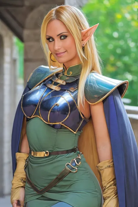 realistic analog photo, award winning photo,
<lora:FTSierraV:0.75> ftsierrav, woman, 1girl, messy hair, makeup, jewelry, necklace, breasts, posing for photo, smiling
<lora:ANI_CLASSIC_deedlit_ownwaifu:0.75> , pointy ears, blonde hair, long hair, elf, circlet, long pointy ears, very long hair, breasts, earrings, lips, makeup, bangs, cape, armor, blue cape, shoulder armor, pauldrons, gloves, breastplate, belt, green dress, short dress
,
RAW, highres, 8k, uhd, High Dynamic Range, tonemapping, crisp details,