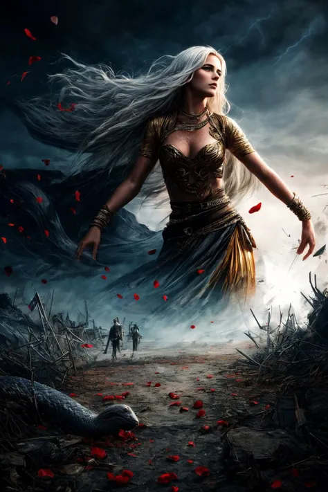 Goddess Aphrodite, belt of rose petals, the goddess of love, dynamic pose, catastrophic, explosions, lightening, fierce, (naughty), with Shiva, Destroyer of Worlds, Genesis, dystopian Garden of Eden, guilty naughty, exit snake tail scene quietly, elegant, highly detailed, centered, background massive beast of burden background, apocalyptic, windy scene
by Greg Rutkowski, By Michelangelo, by Leonardo Da Vinci, By Raphael, By Daniel F Gerhartz, very sexy, extremely seductive, nsfw, cat eyes, eye makeup,
beautiful Japanese woman, beautiful, (detailed eyes, detailed face),
high resolution, triadic colors, atmospheric, geometric shapes breaking, shattering glass, (detailed faces:1.1),
sexy, fit body, afraid, worried, high contrast, bleached background, white hair, good hands, anatomical hands,
high resolution, triadic colors, atmospheric, geometric shapes breaking, shattering glass, snake skin <lora:more_details:1>, photorealistic, photograph, photo, dlsr, FujiFilm, extremely high detail