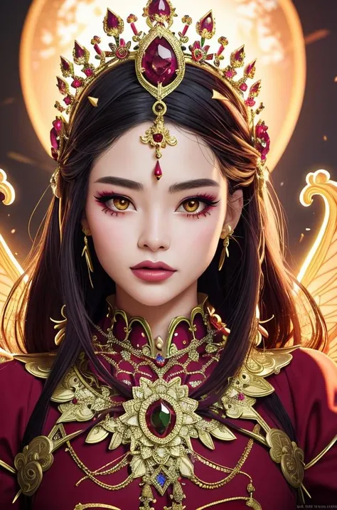 (best quality:1.2), (masterpiece:1.2), (detailed), close-up, person wearing costume, (Behance contest winner:1.2), fantasy art, crown of giant rubies, 3D goddess portrait, style of Ross Tran, captivating lighting, 8k resolution, striking facial expression, (elaborate costume details:1.3), vibrant colors, powerful presence, (ethereal glow:1.1)