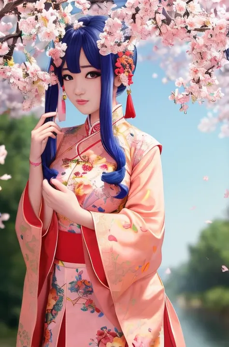 (Highest picture quality),(Master's work),(Detailed eye description),(8K wallpaper)(De-tailed face description),colorful,1girl,chinese clothes,half body,upper body,colored inner hair,Peach Blossom Background