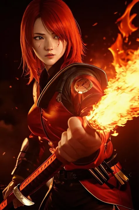 1 girl,red hair, flaming eye, katana, flames, burning houses, glowing, side lighting, wallpaper,(masterpiece:1.2) and (best quality:1.2) and (photorealistic) and (Realistic) and Detailed Skin Textures and detailed skin pores and high skin detail