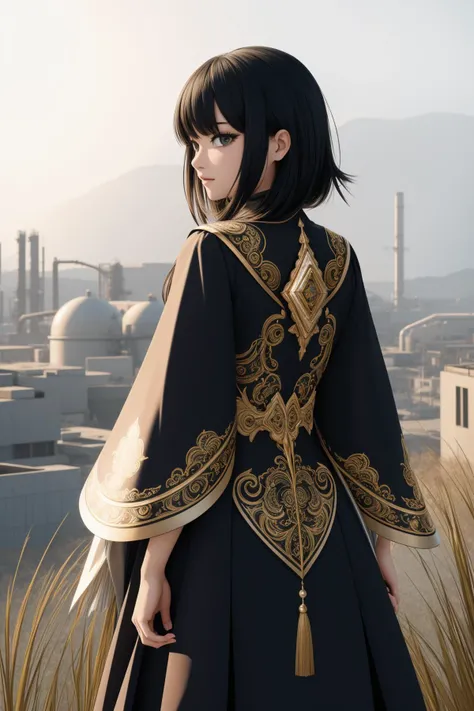1girl, [ (by Zaha Hadid:0.7) : (Bong Joon Ho:1.1) :5], dark Concept art, best quality, intricate background, shot from behind of a Obscene Nutty ("The Dark - Hex-Sealed Fusion":1.3) ,  concept art, background is Foggy Chemical plant, dense reeds and hillside, at Overcast, Very wide view, Rough sketch, Sad, Emo Art, Warm lighting, 50mm, two colors, Ebru, Folded [Pearl|Gems], HDR, pixiv, ornate