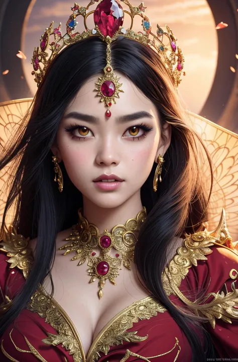 ((best quality)), ((masterpiece)), (detailed), close-up, person wearing costume, (Behance contest winner:1.2), fantasy art, crown of giant rubies, 3D goddess portrait, style of Ross Tran, captivating lighting, 8k resolution, striking facial expression, (elaborate costume details:1.3), vibrant colors, powerful presence, (ethereal glow:1.1)
