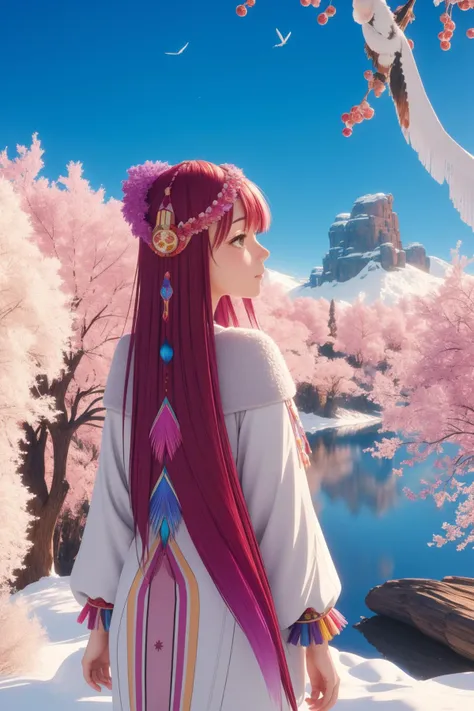 1girl, colorful Unity Engine, masterwork Fractal, Sad, shot from behind of a Dried Adorable ([hybrid Condor|wine]:1.3) , fauna and Willow tree background, lush dungeon and Dwarf Planet Haumea in background, Winter, Panorama, Visual novel, Cozy, Boho, back-light, telephoto lens, One Color, Instagram, icon style, professional, 4K