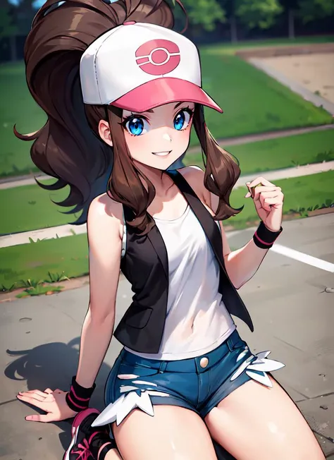 ((best quality)), ((highly detailed)), extremely detailed face, beautiful face, , (1girl), solo, upper body, <lora:PKMN_Hilda-DEF:.7>, hilda (pokemon), ponytail, sidelocks, blue eyes, wide hips, medium breasts, smiling, baseball cap, white shirt, vest, sleeveless, shorts, wristband, sneakers, bag, (outdoors, at an altar, midday)