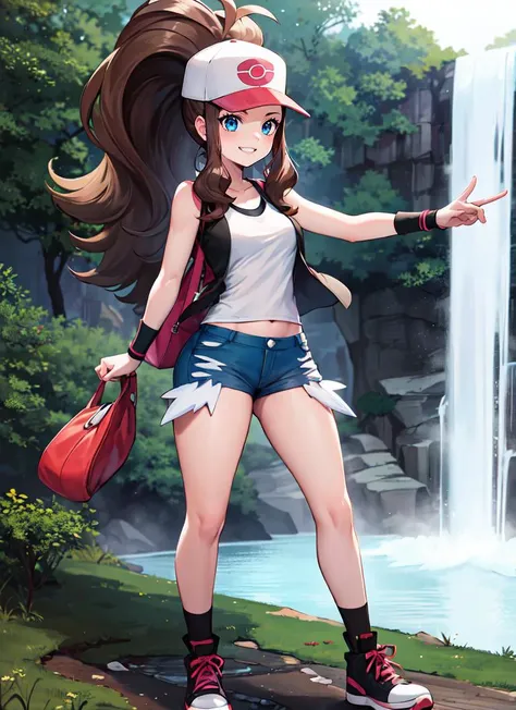 ((best quality)), ((highly detailed)), detailed face, beautiful face, , (1girl), solo, dynamic pose, full body, ((wide shot)), <lora:PKMN_Hilda-DEF:.65>, hilda (pokemon), ponytail, sidelocks, blue eyes, wide hips, medium breasts, smiling, baseball cap, white shirt, vest, sleeveless, shorts, wristband, sneakers, bag, (outdoors, at a waterfall, dawn, hurricane)