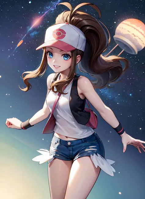 ((best quality)), ((highly detailed)), masterpiece, extremely detailed face, beautiful face, , (1girl), solo, dynamic pose, cowboy shot, (((wide shot))), <lora:hairdetailer:.9>, <lora:PKMN_Hilda-DEF:.65>, hilda (pokemon), ponytail, sidelocks, blue eyes, wide hips, medium breasts, smiling, baseball cap, white shirt, vest, sleeveless, shorts, wristband, sneakers, bag, (outdoors, stars, galaxies, space, asteroids, planets, rocket ship, afternoon)