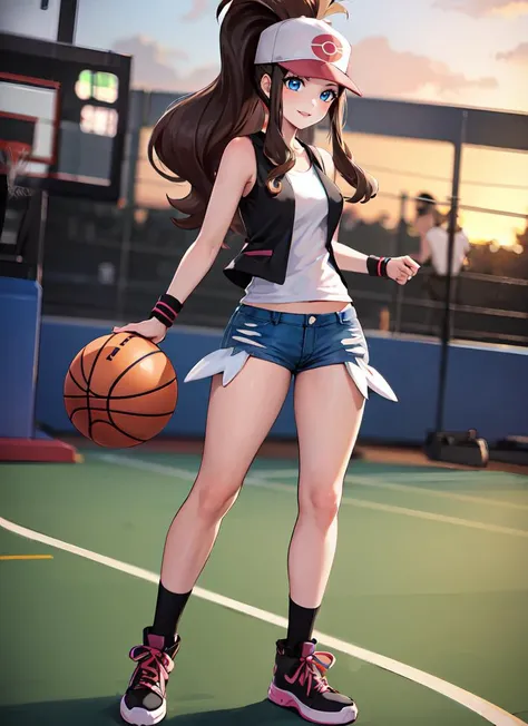 ((best quality)), ((highly detailed)), detailed face, beautiful face, , (1girl), solo, from the front, full body, (((very wide shot))), <lora:PKMN_Hilda-DEF:.75>, hilda (pokemon), ponytail, sidelocks, blue eyes, wide hips, medium breasts, smiling, baseball cap, white shirt, vest, sleeveless, shorts, wristband, sneakers, bag, (outdoors, on a basketball court, (6girls), (((multiple girls))), morning, sunrise)