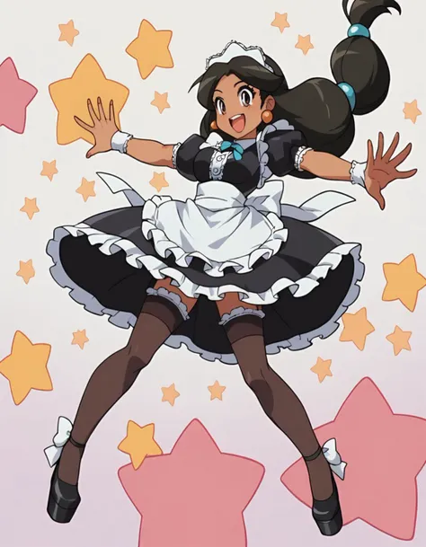 zPDXL, score_9, score_8_up, score_7_up, source_anime,
1girl, solo, happy, (star_hands), Princess Jasmine, dark-skinned female, black hair, maid wearing a sleek geometric-patterned dress with fringe detailing, white apron, (stockings:1.1), maid bow headband, platform heels, <lora:KoWaGo_v2-1:0.8> himm,