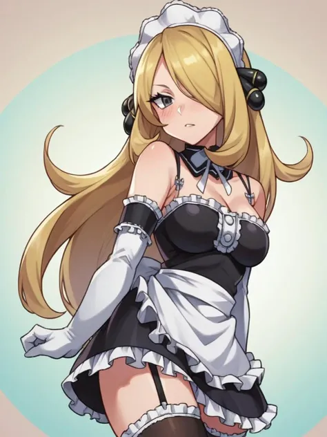 (masterpiece, best quality:1.2), 1girl, solo, blond hair, blue hairband, blue hair ribbon on the left, bra, black gloves, knight skirt, Solid color background