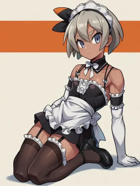 score_9, score_8_up, score_7_up, score_6_up, source_anime, zPDXL, <lora:ALTXL_pony_0061_8:2>, BREAK
4k resolution, 1girl, solo, <lora:KoWaGo-20:0.8> koremaid, bare shoulders, elbow gloves, white gloves, detached collar, arm garter, garter straps, black thighhighs, frilled thighhighs, maid headdress, black footwear, Pokemon, Bea, dark-skinned female, silver hair, muscular, flat chest