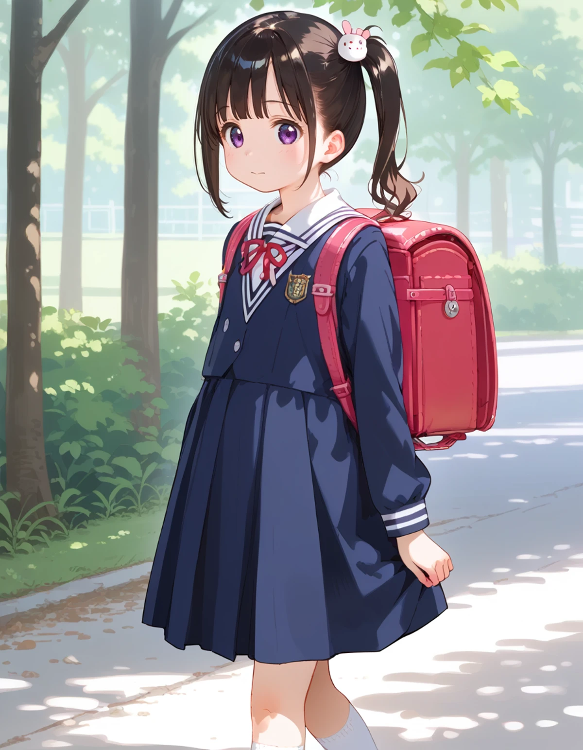 solo, female ,<lora:jyoji formal_Pony_V1.0:0.8> jyojifuku, dress, long sleeves, jacket, school uniform, walking, white bobby socks, side ponytail, hair accessory,
<lora:randoseru_Pony_V1.0:0.8> randoseru,backpack