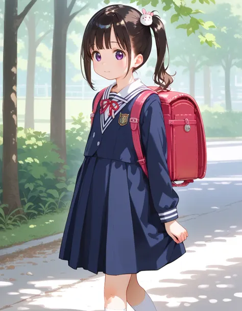 solo, female ,<lora:jyoji formal_Pony_V1.0:0.8> jyojifuku, dress, long sleeves, jacket, school uniform, walking, white bobby socks, side ponytail, hair accessory, 
 <lora:randoseru_Pony_V1.0:0.8> randoseru,backpack