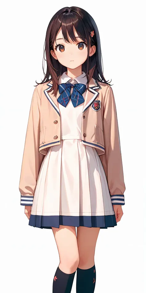 score_9, score_8_up, score_7_up,source_anime, high res image,masterpiece,best quality,girl,cowboy shot,cute face,simple background,<lora:jyoji formal_Pony_V1.0:0.7> jyojifuku, dress, long sleeves, jacket,school uniform,kneehighs,white clothes