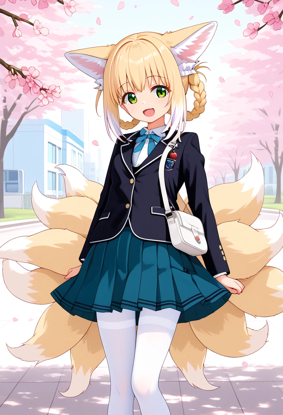 <lora:Suzuran_pony:0.8> suzuran,animal ears,animal ear fluff,blonde hair,green eyes,tails,multiple tails, happy,
<lora:jyoji formal_Pony_V1.0:0.6> jyojifuku, dress, long sleeves, black jacket, blazer, belt, school uniform, pleated skirt, miniskirt, white pantyhose, thighband, a bag,
standing, outside, cherry blossom,