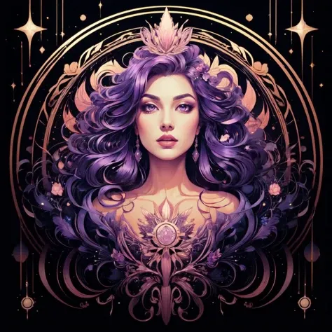 pink lotus queen, clean image, exquisite digital illustration, extremely detailed beautiful, epic smooth illustration, the fire queen, compass energy flowing, with a black dark background, she has purple hair, brilliantly colored, tall obsidian architecture, queen and ruler of the universe <lora:Fantasy_art_style:0.8>
