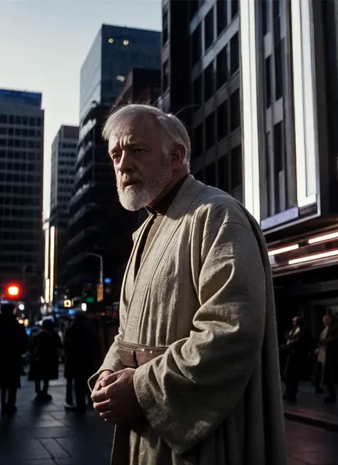 medium shot photo of sksjedi, standing on a busy city street, looking lost and confused, realistic, (masterpiece:1.3), (best quality:1.3), beautiful, (intricate details), unity 8k wallpaper, ultra detailed, beautiful, aesthetic, perfect lighting, <lyco:Obi Wan Kenobi:0.7>, <lora:TEST:0.25>