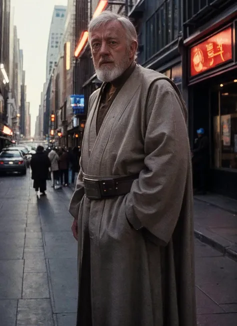 medium shot photo of sksjedi, standing on a busy city street, looking lost and confused, realistic, (masterpiece:1.3), (best quality:1.3), beautiful, (intricate details), unity 8k wallpaper, ultra detailed, beautiful, aesthetic, perfect lighting, <lyco:Obi Wan Kenobi:0.7>, <lora:TEST:0.25>