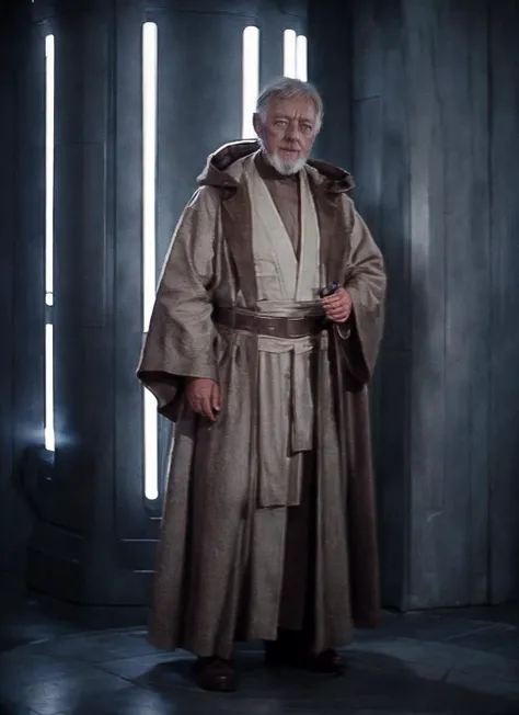 (fullbody:1.2) photo of sksjedi, guilty, holding a lightsaber with both hands, wearing a brown tunic and hood, a genetic engineering gone wrong leads to monstrous creatures , analog style (look at viewer:1.2) (skin texture), close up, cinematic light, sidelighting, Fujifilm XT3, DSLR, 50mm, <lyco:Obi Wan Kenobi:1.1>