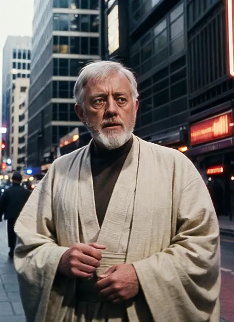 medium shot photo of sksjedi, standing on a busy city street, looking lost and confused, realistic, (masterpiece:1.3), (best quality:1.3), beautiful, (intricate details), unity 8k wallpaper, ultra detailed, beautiful, aesthetic, perfect lighting, <lyco:Obi Wan Kenobi:0.7>, <lora:add_detail:0.25>