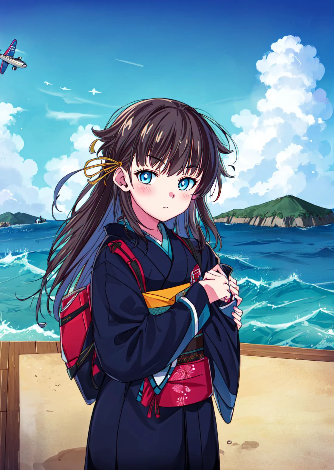 masterpiece, best quality
<lora:kana_kashiwazaki-000008:0.75>
1girl ,(solo),
kanakashiwazaki, aqua eyes, yellow ribbon
(, 10y.o, child, youngd)
wildanese clothes:1.2)
(aicraft carrier deck, aicraft, figher planes, ocean, blue sky,:1.2),
dieselpunk