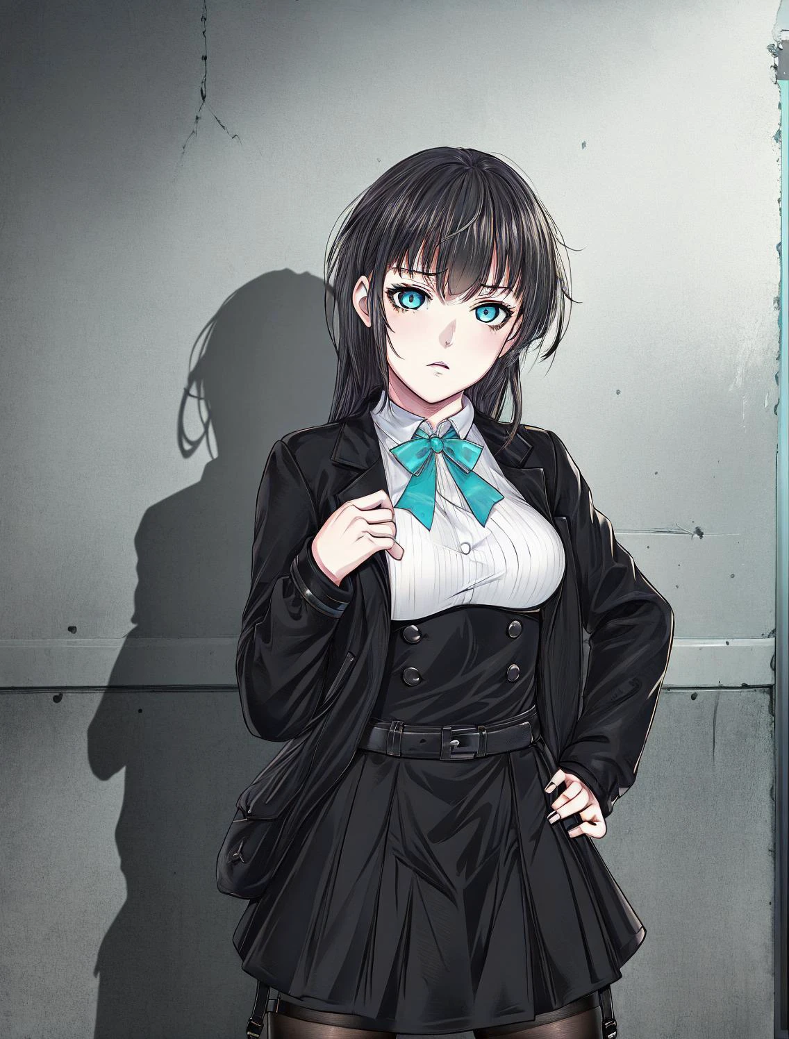 masterpiece, best quality
<lora:kana_kashiwazaki-000008:0.55>
1girl ,(solo),
kanakashiwazaki, aqua eyes, yellow ribbon
kanakashiwazaki, yellow ribbon, aqua eyes,(geisterjaeger uniform), thighhighs, black jacket, fingerless gloves, belt, cleavage, medium breasts, long sleeves,
(standing), upper body,
<lora:marvin:0.66> MANGA, GREYSCALE, MONOCHROME