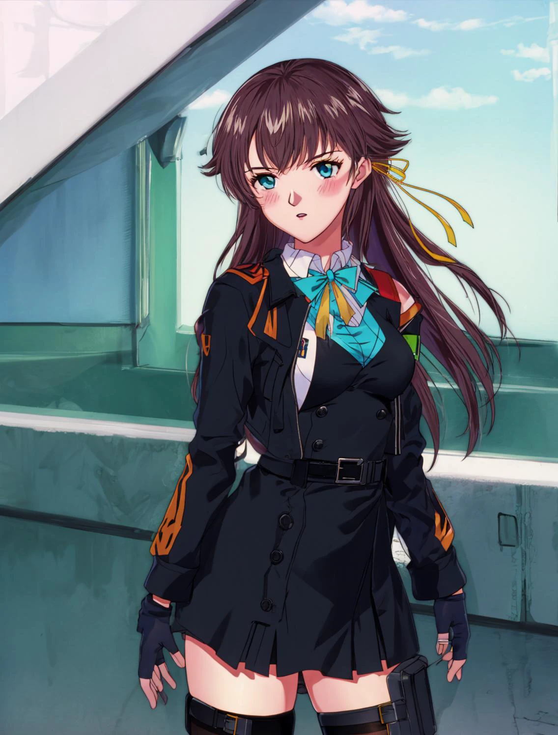 masterpiece, best quality
<lora:kana_kashiwazaki-000008:0.65>
1girl ,(solo),
kanakashiwazaki, aqua eyes, yellow ribbon
kanakashiwazaki, yellow ribbon, aqua eyes,(geisterjaeger uniform), thighhighs, black jacket, fingerless gloves, belt, cleavage, medium breasts, long sleeves,
(standing), upper body,
<lora:evangelion_anime_style_offset:1> EVANGELION ANIME STYLE, anime screencap, 1990s_\(style\)