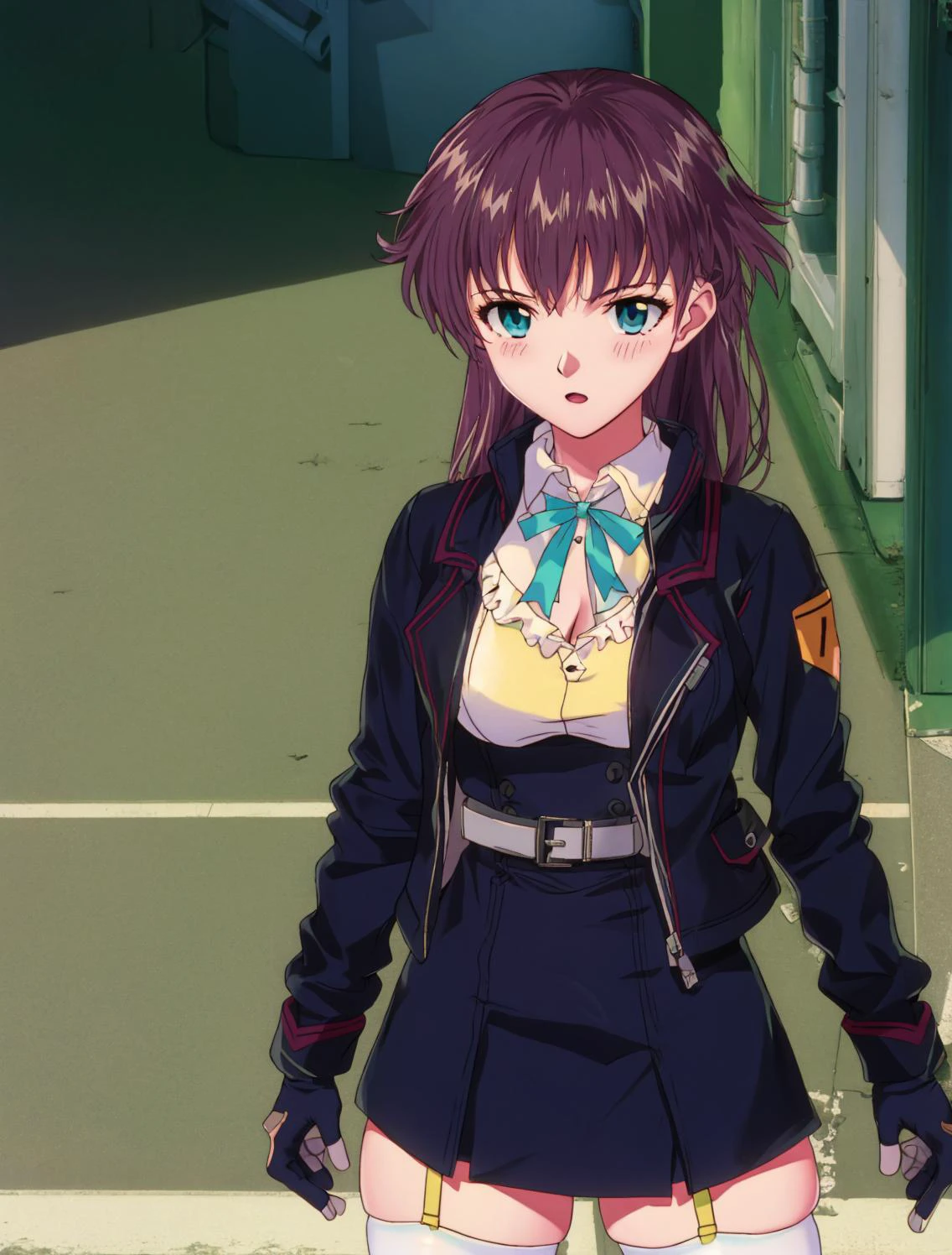 masterpiece, best quality
<lora:kana_kashiwazaki-000008:0.55>
1girl ,(solo),
kanakashiwazaki, aqua eyes, yellow ribbon
kanakashiwazaki, yellow ribbon, aqua eyes,(geisterjaeger uniform), thighhighs, black jacket, fingerless gloves, belt, cleavage, medium breasts, long sleeves,
(standing), upper body,
<lora:evangelion_anime_style_offset:1> EVANGELION ANIME STYLE, anime screencap, 1990s_\(style\)