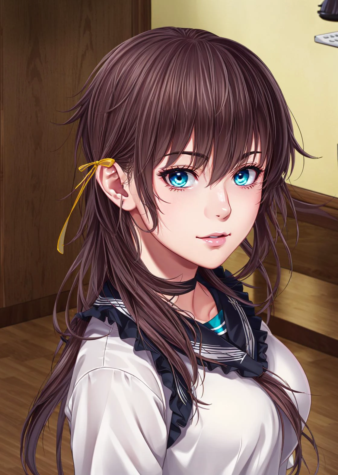 masterpiece, best quality
<lora:kana_kashiwazaki-000008:0.65>
1girl ,(solo),
kanakashiwazaki, aqua eyes, yellow ribbon
(35 years old, 35y.o, adult)
spiky hair,
(serafuku,:1.2)
(" ":1.2),
" "
